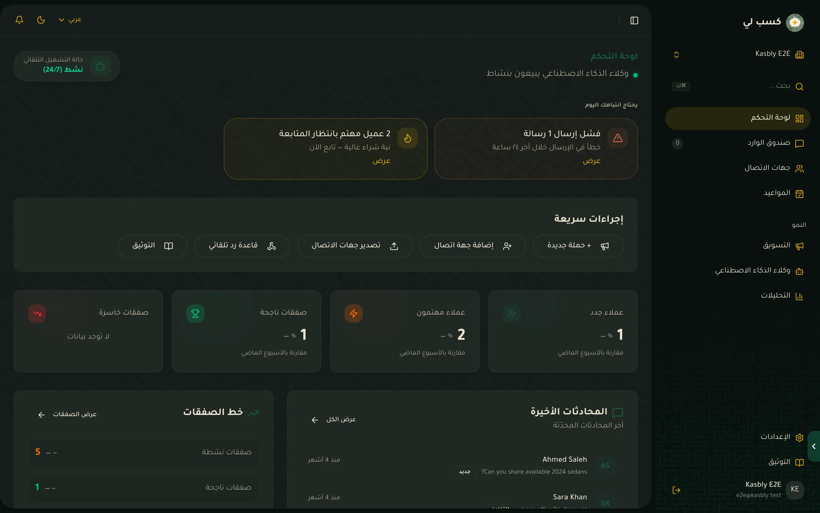 لوحة تحكم Kasbly مع مؤشرات العملاء المحتملين والمحادثات الأخيرة وخط أنابيب الصفقات