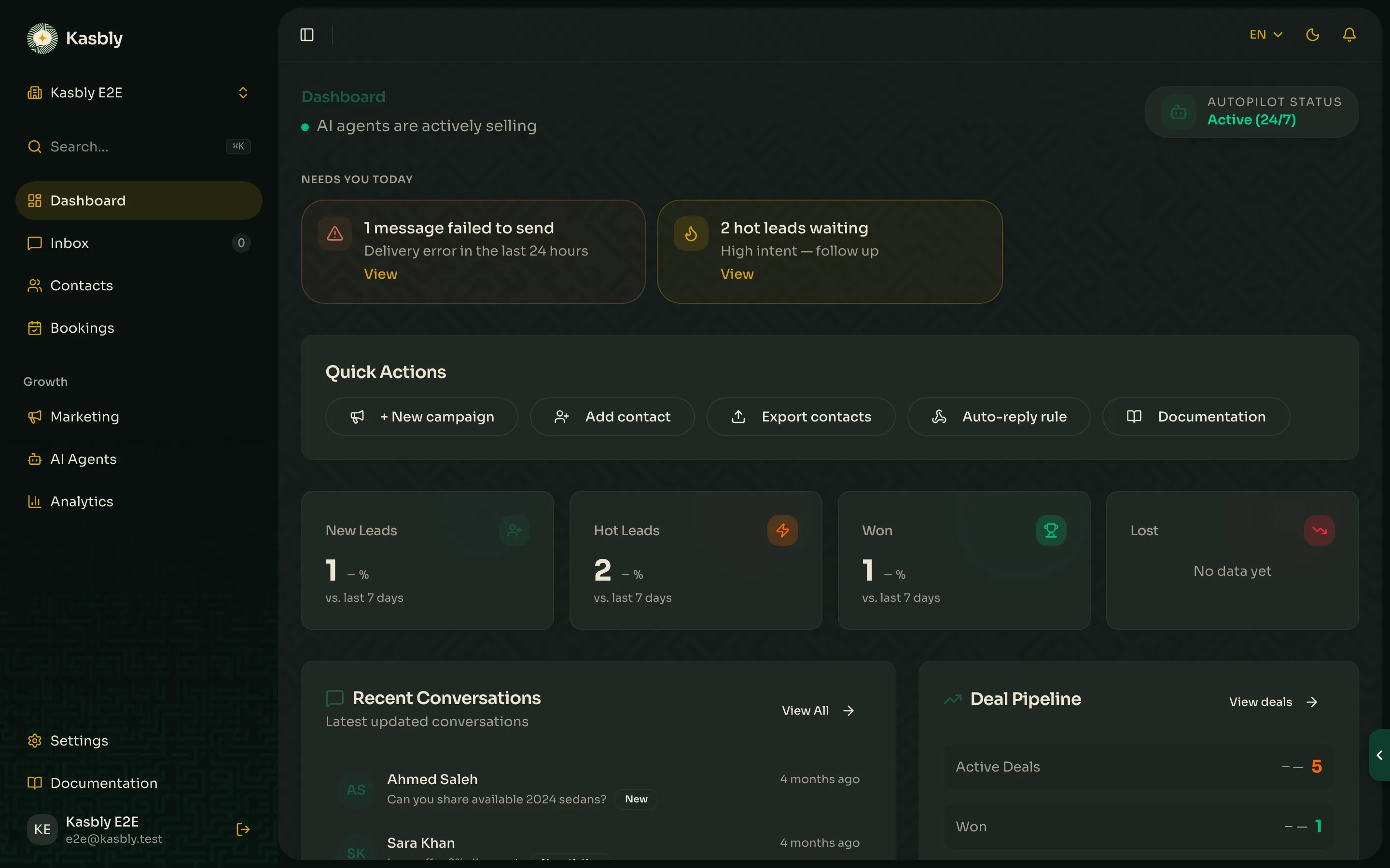 The Kasbly dashboard home with lead metrics, recent conversations, and deal pipeline