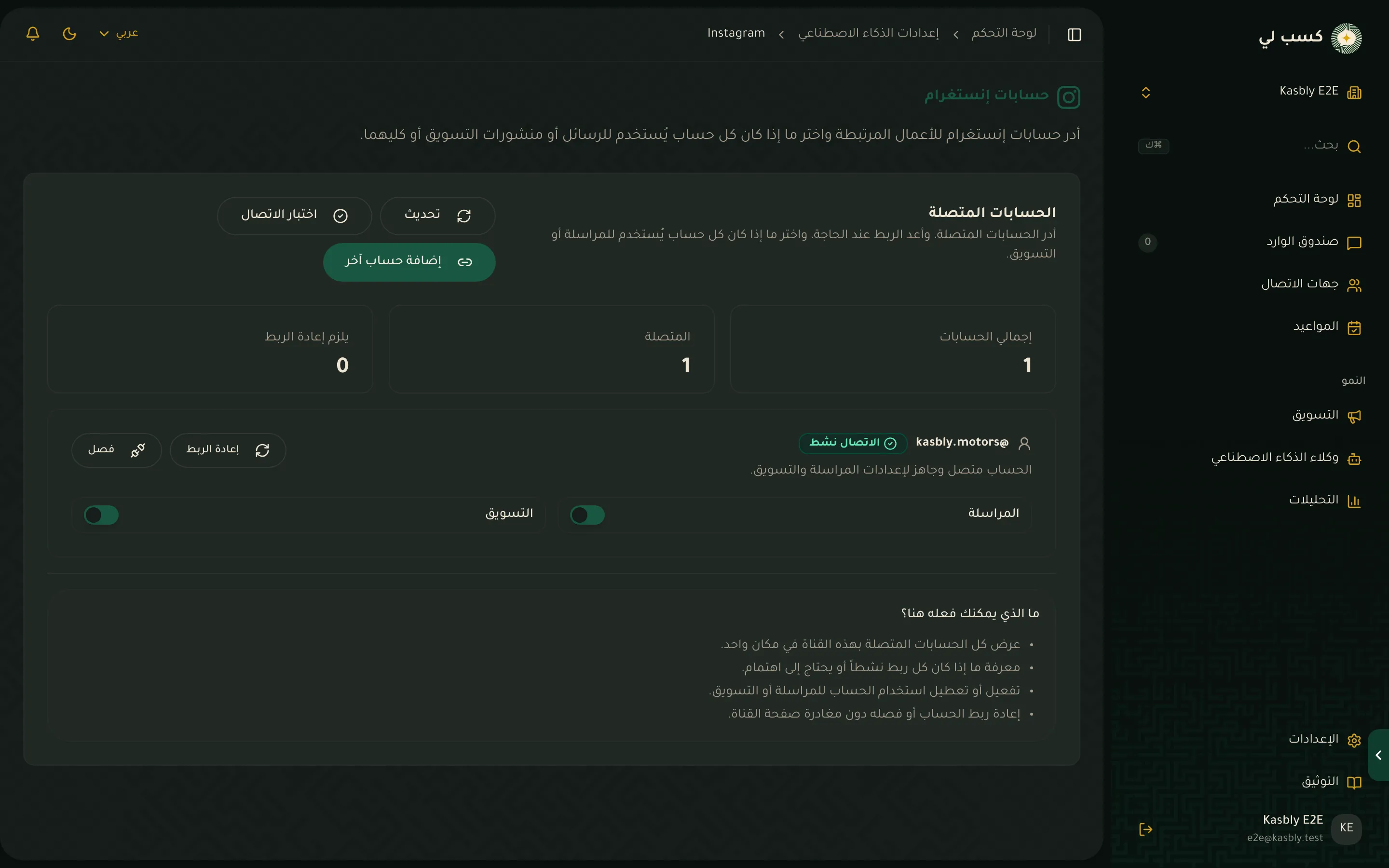 صفحة حسابات إنستغرام مع زر الربط
