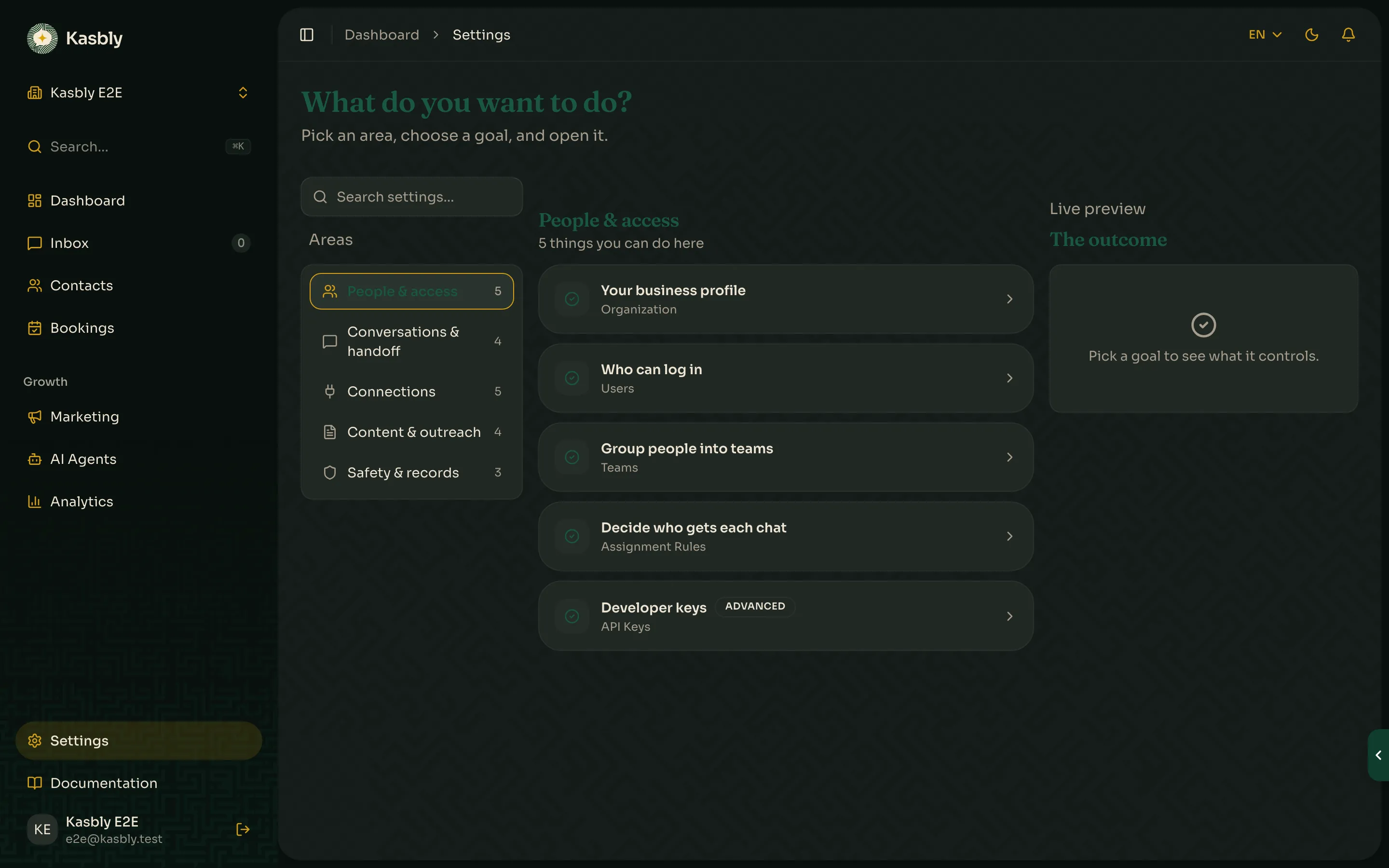 The Settings overview with grouped navigation and quick-access cards