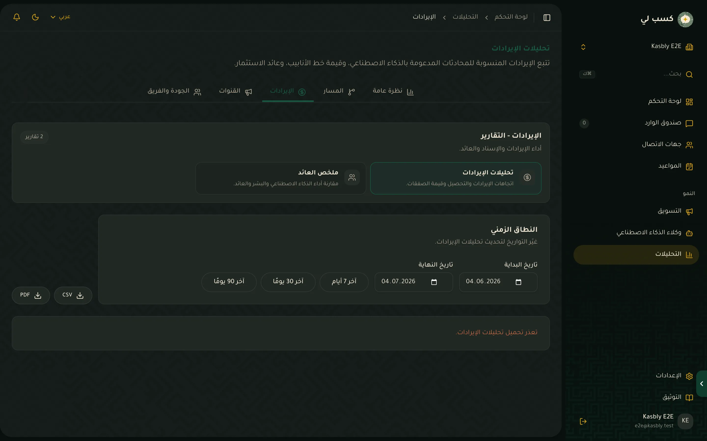 تقرير الإيرادات في التحليلات